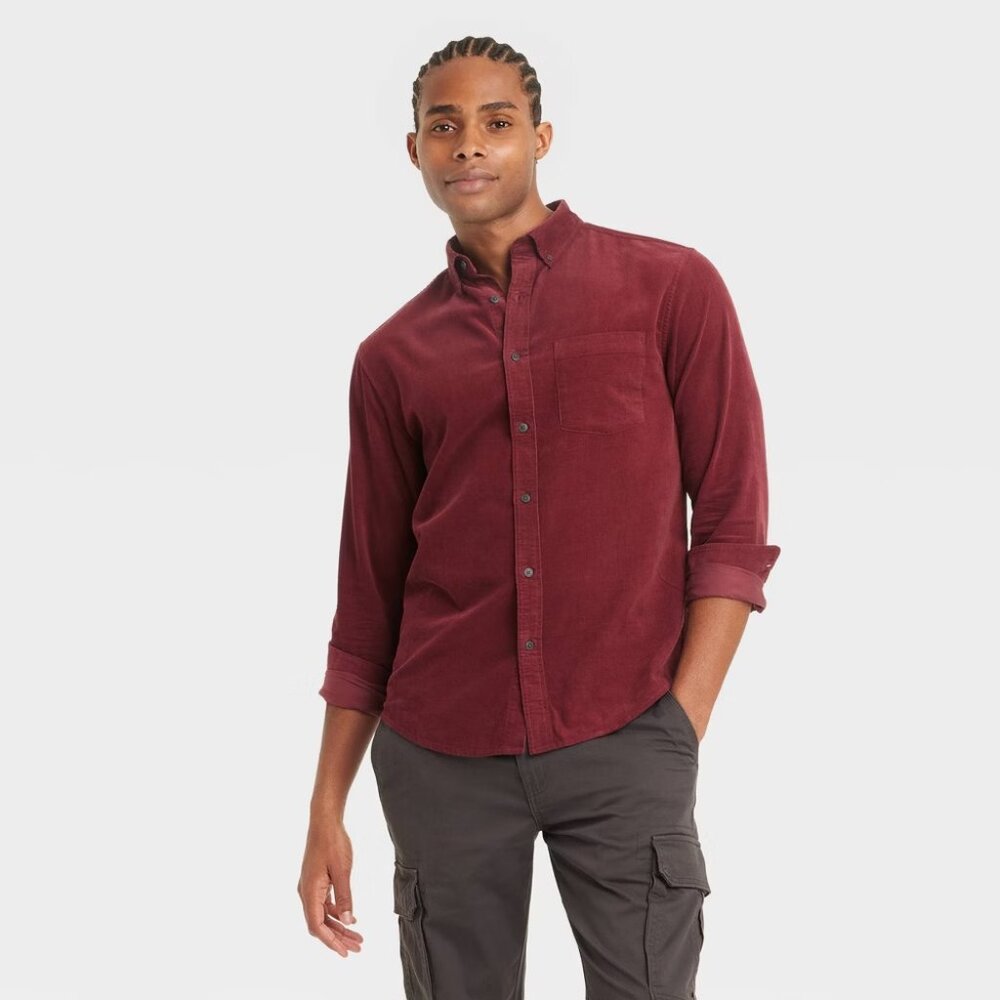 NEW Men's Long Sleeve Corduroy Button-Down Shirt Goodfellow & Co™ Warm Maroon